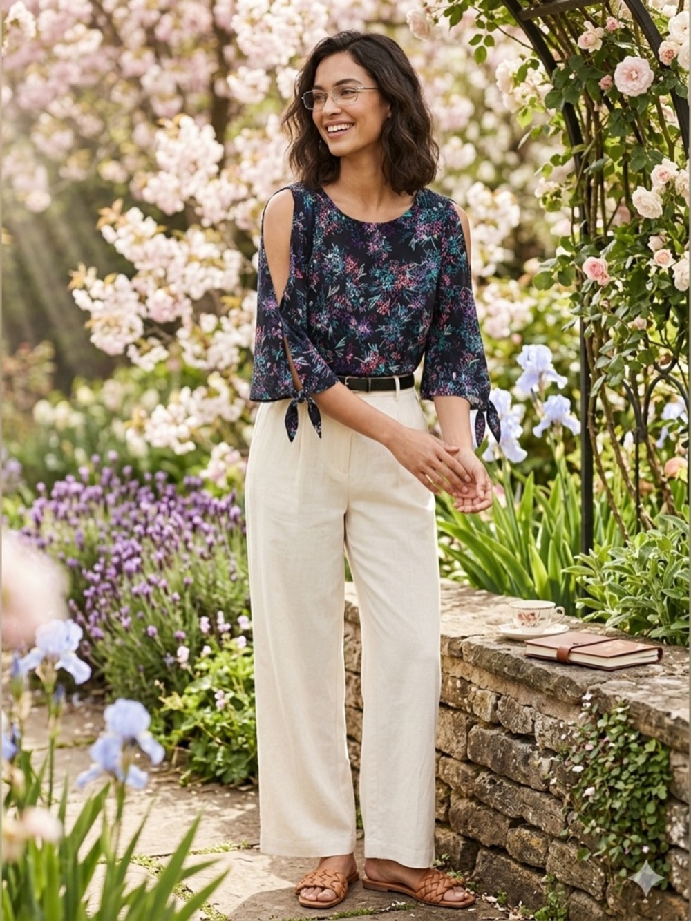 H&M Floral Tie-Sleeve Cold-Shoulder Blouse - EUC - Size 6